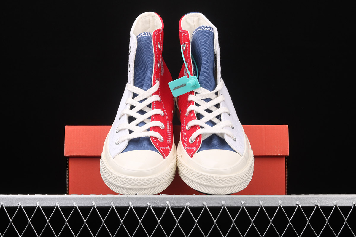 red white and blue converse tennis shoes