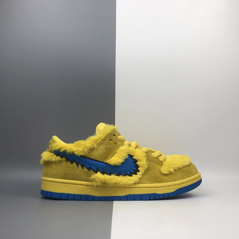 blue and yellow fuzzy dunks